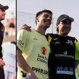 Juani Mieres, un campione di padel, con i suoi compagni di squadra, sorridenti dopo una partita.
