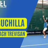 Padel player in mid-air, about to hit a shot, with "LA Cuchilla BY COACH TREVISAN" text overlay.