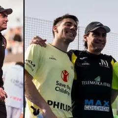Juani Mieres, un campione di padel, con i suoi compagni di squadra, sorridenti dopo una partita.