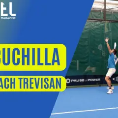 Padel player in mid-air, about to hit a shot, with "LA Cuchilla BY COACH TREVISAN" text overlay.