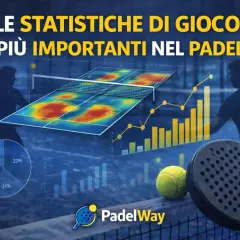 Grafico con statistiche di gioco nel padel, heatmap campo, grafici a barre e torta, racchetta e pallina. Un campione di padel analizza i dati.
