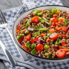 Un'insalata di lenticchie colorata e fresca, con pomodorini, peperoni, cipolla rossa e carote. Servita in una ciotola con posate su un tovagliolo a quadri.