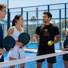Un istruttore di padel spagnolo con una palla e una racchetta spiega il gioco a tre studenti su un campo da padel.