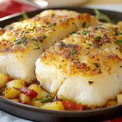 Filetti di merluzzo surgelati, cotti al forno con patate e rosmarino. Un'idea per ricette semplici e gustose.