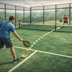 Due uomini giocano a padel su un campo verde. Uno serve la palla, l'altro attende.