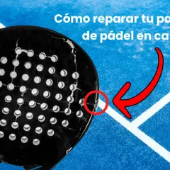 Guida per riparare racchetta padel danneggiata. La racchetta nera mostra crepe, con una freccia rossa che indica un punto specifico.