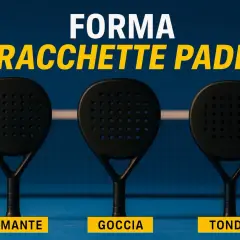 Tre racchette da padel nere: una a forma di diamante, una a goccia e una tonda, su campo blu.
