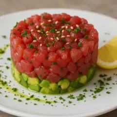 Deliziosa tartare di tonno a cubetti, stratificata su avocado cremoso, guarnita con semi di sesamo e prezzemolo, servita con una fetta di limone.