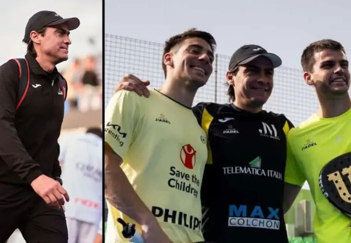 Juani Mieres, un campione di padel, con i suoi compagni di squadra, sorridenti dopo una partita.
