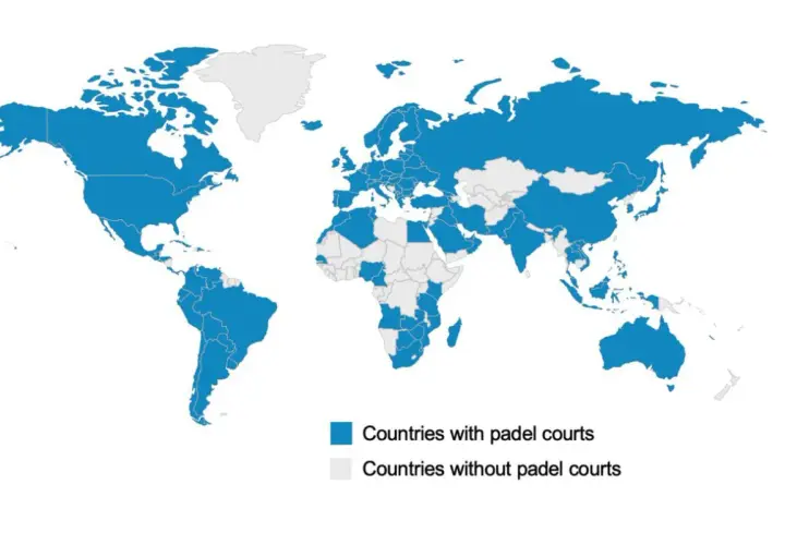 Mappa del mondo che mostra la diffusione del padel. Molti paesi in Europa, America e Asia hanno campi da padel.