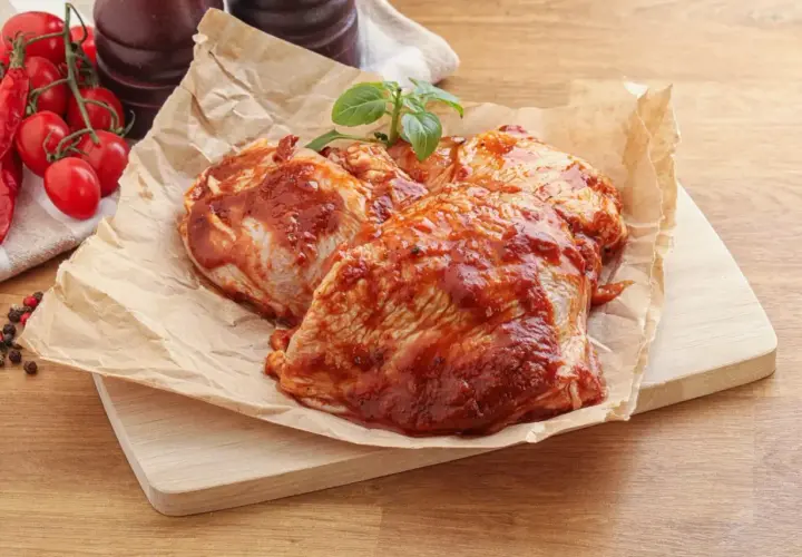 Cosce di pollo pronte per la marinatura, con pomodorini e peperoncino sullo sfondo.
