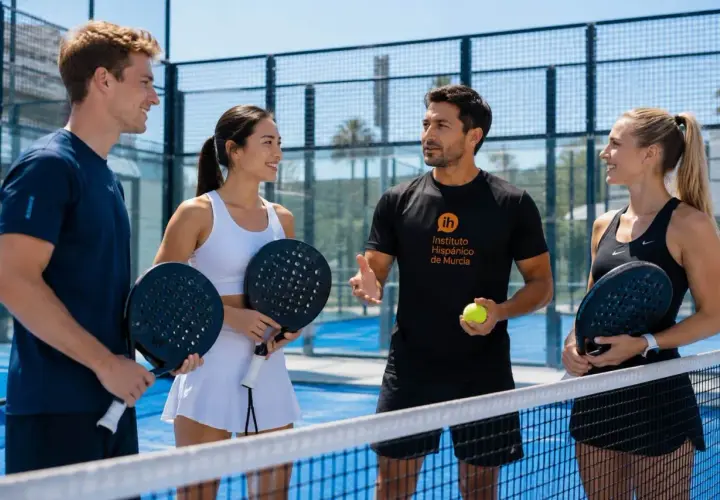 Un istruttore di padel spagnolo con una palla e una racchetta spiega il gioco a tre studenti su un campo da padel.