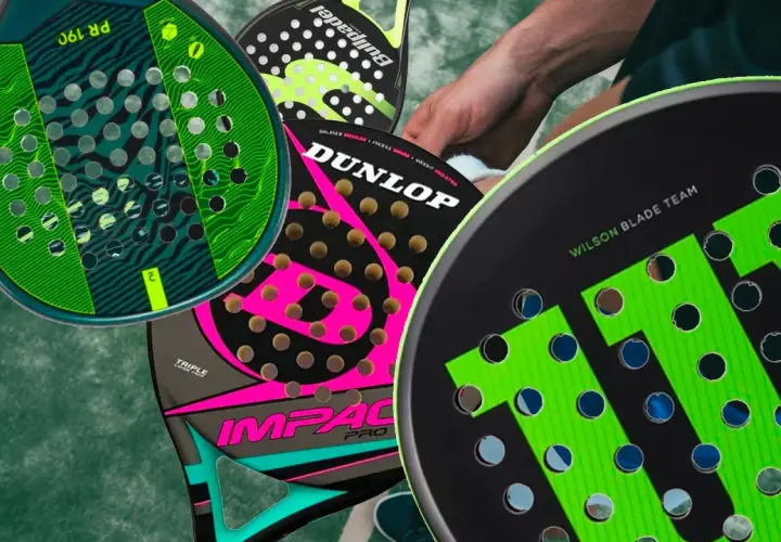 Diverse racchette da padel colorate, tra cui Dunlop e Wilson, per aiutarti a capire quale racchetta padel scegliere.