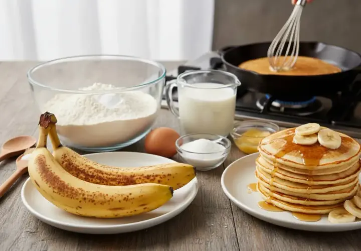 Ingredienti per pancake alla banana: banane mature, farina, uova, latte, zucchero e miele. Una pila di pancake dorati guarniti con banane e sciroppo.