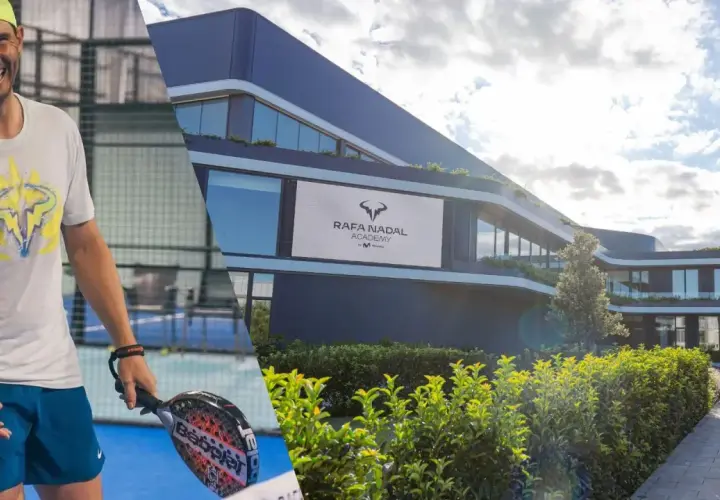 Rafa Nadal sorride su un campo da padel, con la sua accademia sullo sfondo. Un campione che ispira nel mondo del nadal padel.