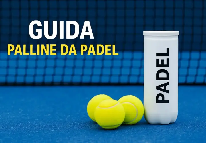 Guida alle palline da padel: tre palline gialle e un tubetto con la scritta "PADEL" su un campo blu.