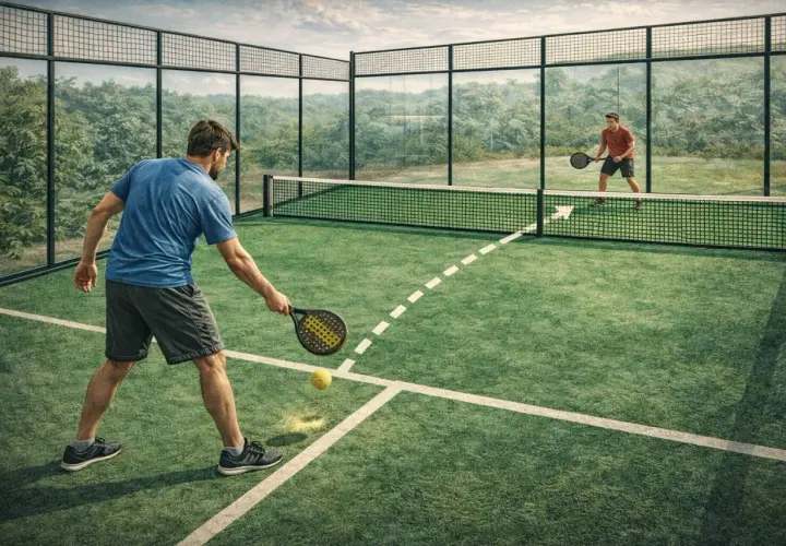 Due uomini giocano a padel su un campo verde. Uno serve la palla, l'altro attende.