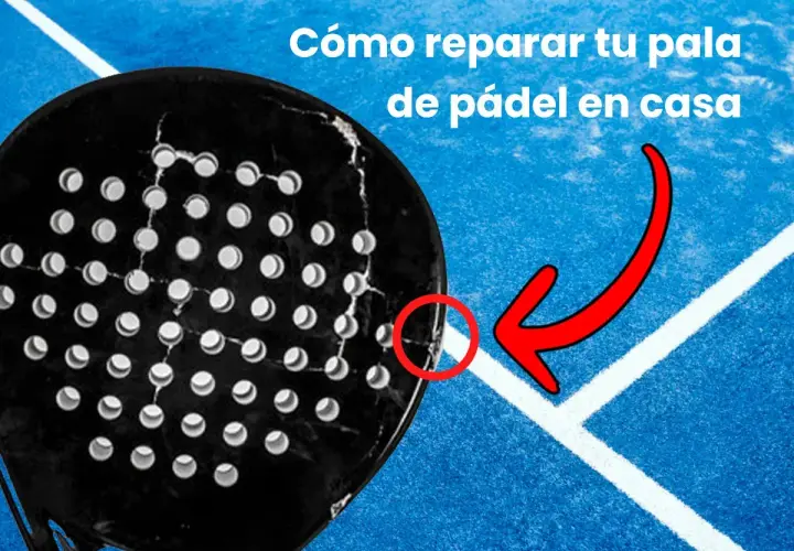 Guida per riparare racchetta padel danneggiata. La racchetta nera mostra crepe, con una freccia rossa che indica un punto specifico.