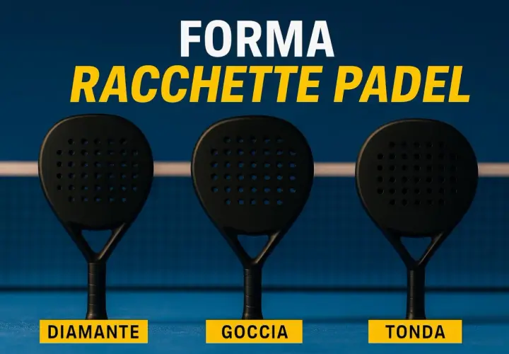 Tre racchette da padel nere: una a forma di diamante, una a goccia e una tonda, su campo blu.