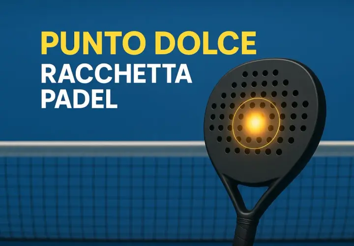 Il punto dolce della racchetta padel, un bagliore dorato al centro, su sfondo blu con rete da padel.