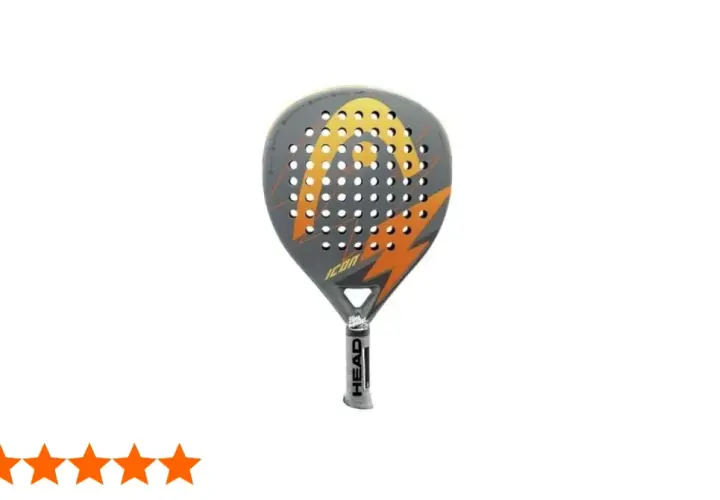 Racchetta da padel HEAD Icon, grigia con dettagli arancioni e gialli, logo HEAD ben visibile.