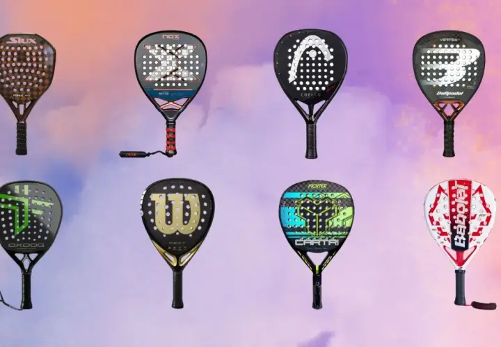 Otto racchette da padel di diverse marche e modelli, con nomi squadre padel visibili su alcune.