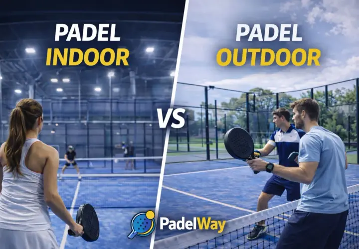 Padel indoor vs outdoor: due campi da padel, uno al chiuso con luci brillanti e uno all'aperto sotto il cielo azzurro. La scelta è tua per il tuo prossimo MVP Padel!