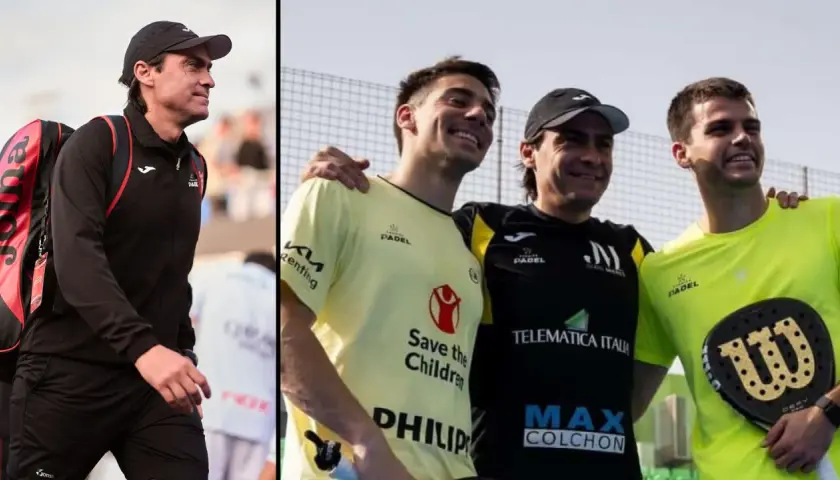 Juani Mieres, un campione di padel, con i suoi compagni di squadra, sorridenti dopo una partita.