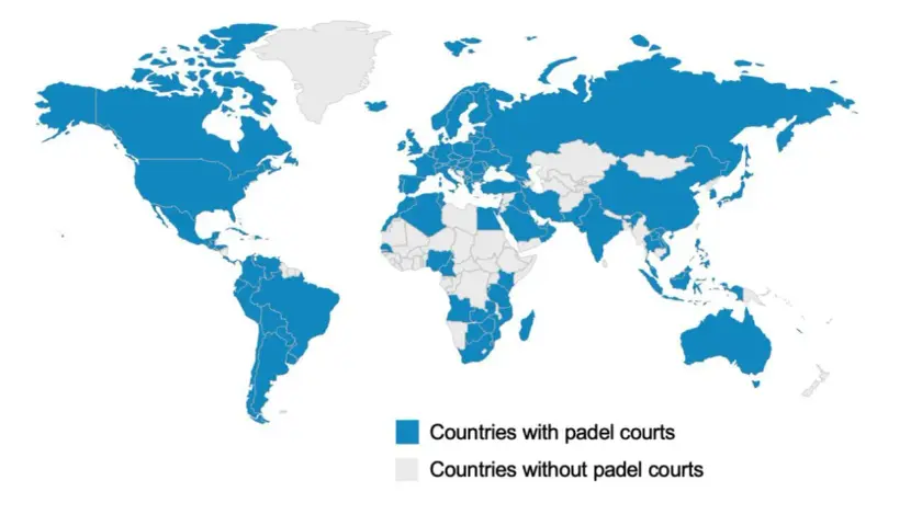 Mappa del mondo che mostra la diffusione del padel. Molti paesi in Europa, America e Asia hanno campi da padel.