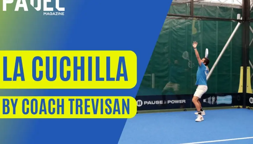 Padel player in mid-air, about to hit a shot, with "LA Cuchilla BY COACH TREVISAN" text overlay.