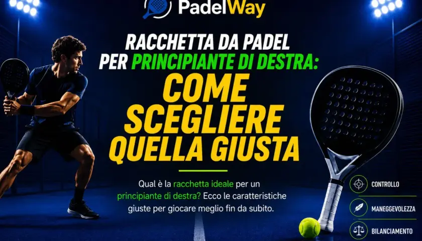 Uomo gioca a padel, con racchetta in mano. Guida alla scelta della forma racchetta padel ideale per principianti di destra.