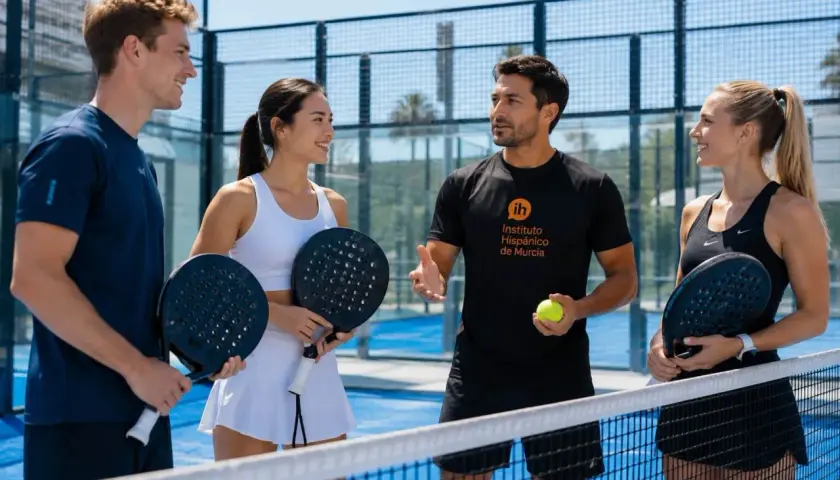 Un istruttore di padel spagnolo con una palla e una racchetta spiega il gioco a tre studenti su un campo da padel.