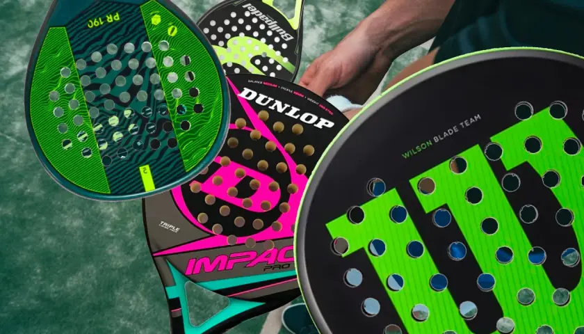 Diverse racchette da padel colorate, tra cui Dunlop e Wilson, per aiutarti a capire quale racchetta padel scegliere.