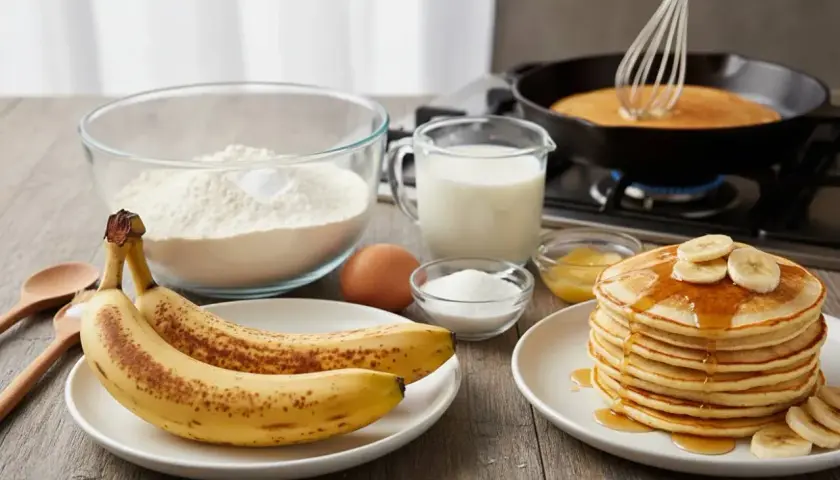 Ingredienti per pancake alla banana: banane mature, farina, uova, latte, zucchero e miele. Una pila di pancake dorati guarniti con banane e sciroppo.