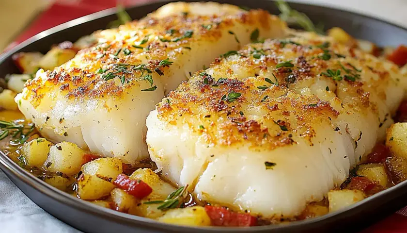 Filetti di merluzzo surgelati, cotti al forno con patate e rosmarino. Un'idea per ricette semplici e gustose.