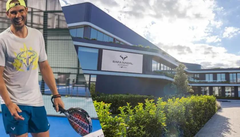 Rafa Nadal sorride su un campo da padel, con la sua accademia sullo sfondo. Un campione che ispira nel mondo del nadal padel.