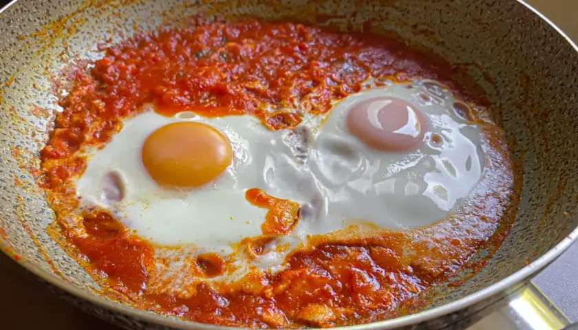 Uova in purgatorio, due uova cotte in un sugo di pomodoro piccante, un piatto saporito e confortante.