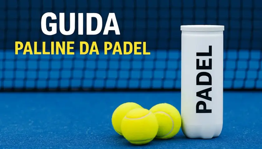 Guida alle palline da padel: tre palline gialle e un tubetto con la scritta "PADEL" su un campo blu.
