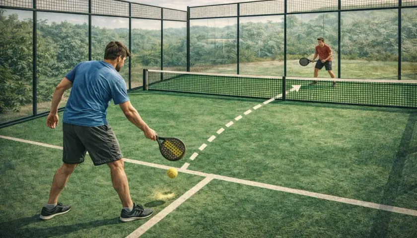 Due uomini giocano a padel su un campo verde. Uno serve la palla, l'altro attende.