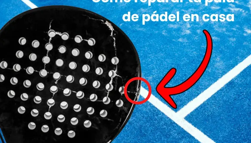 Guida per riparare racchetta padel danneggiata. La racchetta nera mostra crepe, con una freccia rossa che indica un punto specifico.