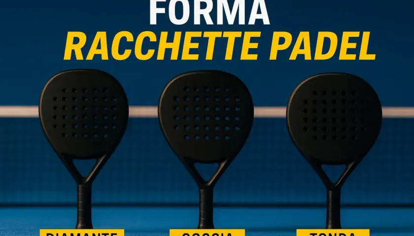 Tre racchette da padel nere: una a forma di diamante, una a goccia e una tonda, su campo blu.