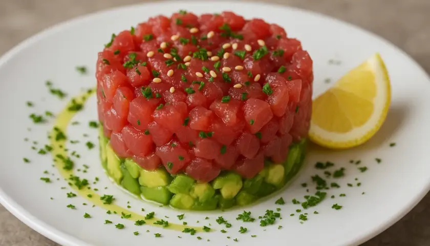 Deliziosa tartare di tonno a cubetti, stratificata su avocado cremoso, guarnita con semi di sesamo e prezzemolo, servita con una fetta di limone.