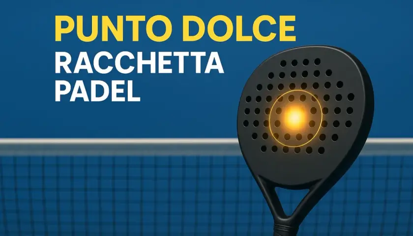 Il punto dolce della racchetta padel, un bagliore dorato al centro, su sfondo blu con rete da padel.