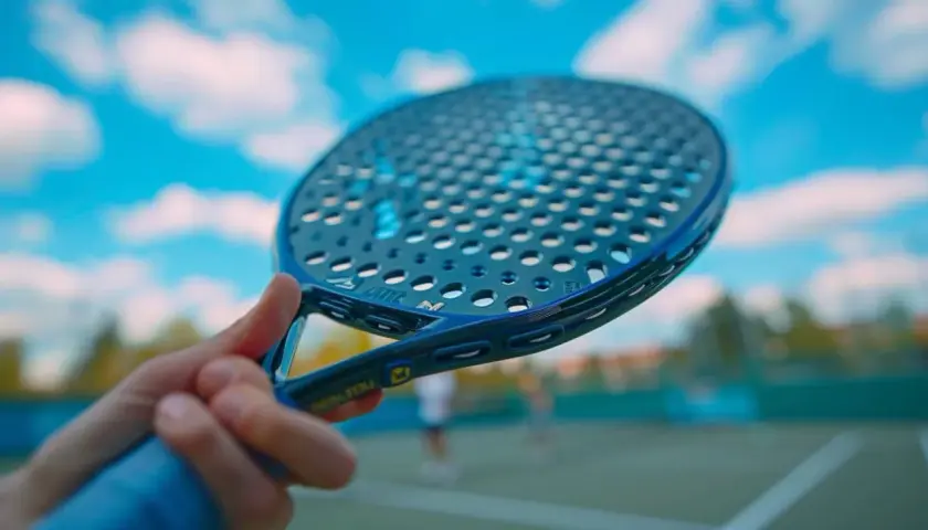 Racchette padel controllo: impugnatura blu di una racchetta da padel con campo e cielo sullo sfondo.