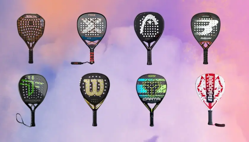 Otto racchette da padel di diverse marche e modelli, con nomi squadre padel visibili su alcune.