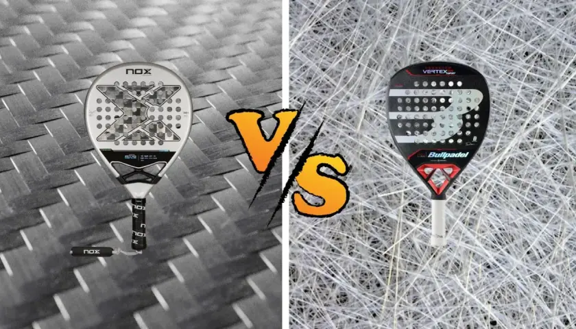 Due racchette da padel, una bianca NOX e una nera Bullpadel, con la scritta "VS" in mezzo. La racchetta NOX è in fibra di vetro.