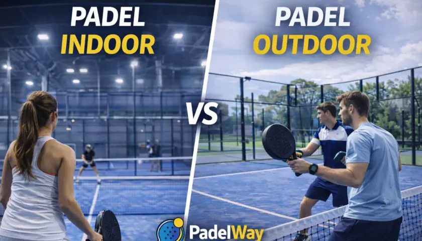 Padel indoor vs outdoor: due campi da padel, uno al chiuso con luci brillanti e uno all'aperto sotto il cielo azzurro. La scelta è tua per il tuo prossimo MVP Padel!