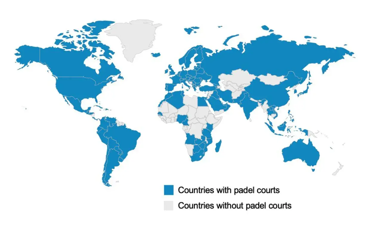 Mappa del mondo che mostra la diffusione del padel. Molti paesi in Europa, America e Asia hanno campi da padel.