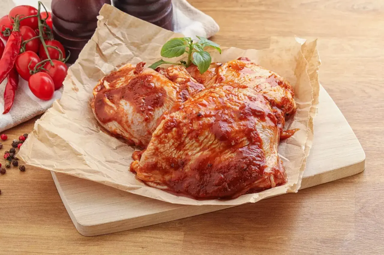 Cosce di pollo pronte per la marinatura, con pomodorini e peperoncino sullo sfondo.