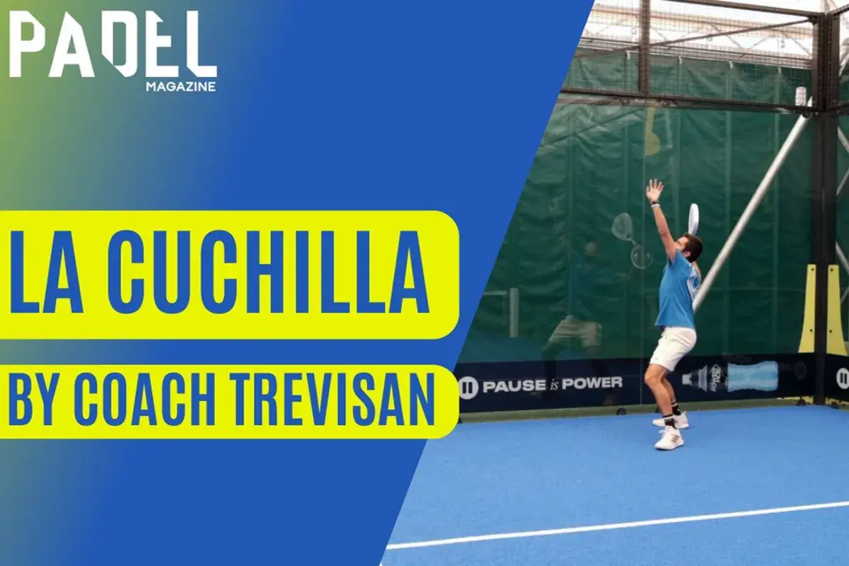 Padel player in mid-air, about to hit a shot, with "LA Cuchilla BY COACH TREVISAN" text overlay.